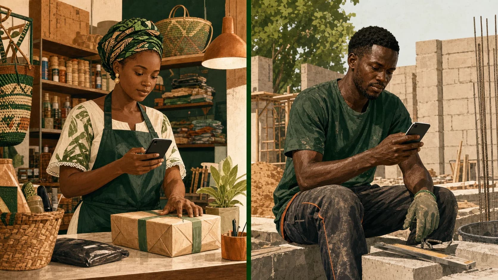 Commerçante préparant une commande et artisan consultant son téléphone sur un chantier