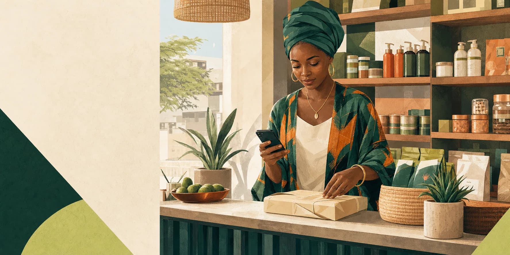 Entrepreneure préparant une commande depuis son téléphone dans sa boutique